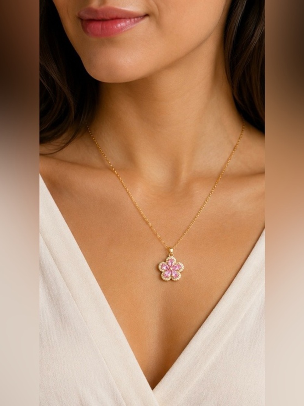 Sparkling Pink Floral Stainless Steel Gold Finish Pendant Necklace ✨🌸✨